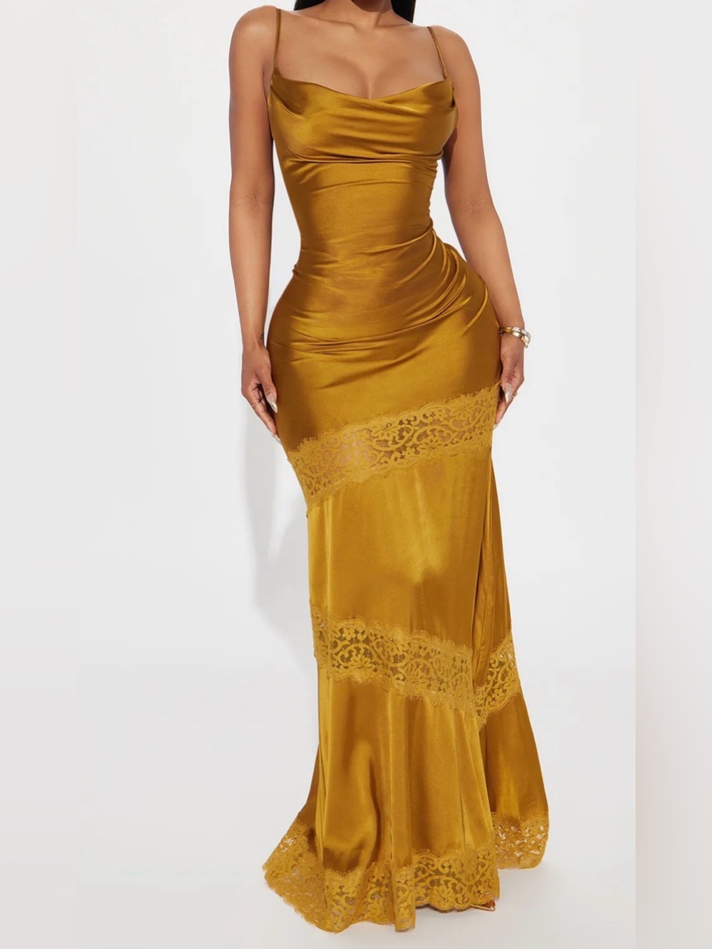 Gold Lace-Trim Satin Maxi dress